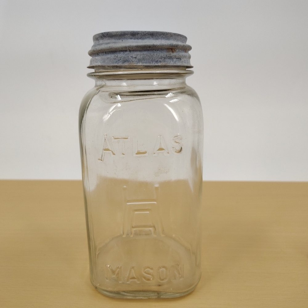ATLAS String Mason Quart Clear Glass Canning Jar Square Jar Vintage Boyds Cap
